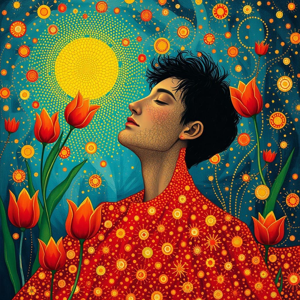 The Man in Red and the Whisper of Tulips Powerful Blodeuwedd,  evoking the styles of Gustave Klimt, Dee Nickerson, Ernst...