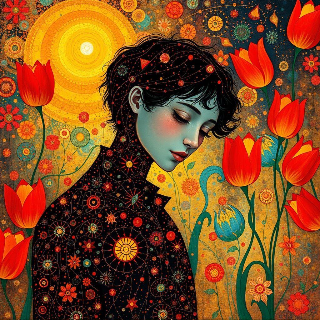 The Man in Red and the Whisper of Tulips Powerful Blodeuwedd,  evoking the styles of Gustave Klimt, Dee Nickerson, Ernst...