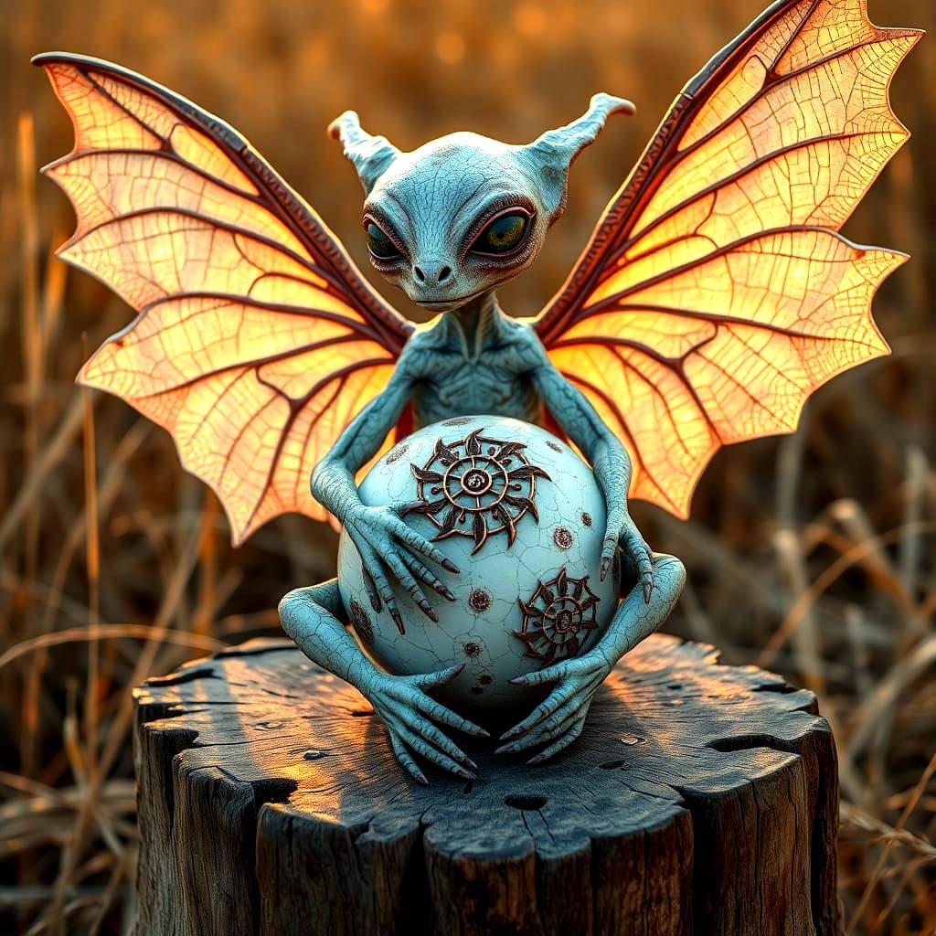 Surrealist Gargoyle with Wings Soars Amidst Nature