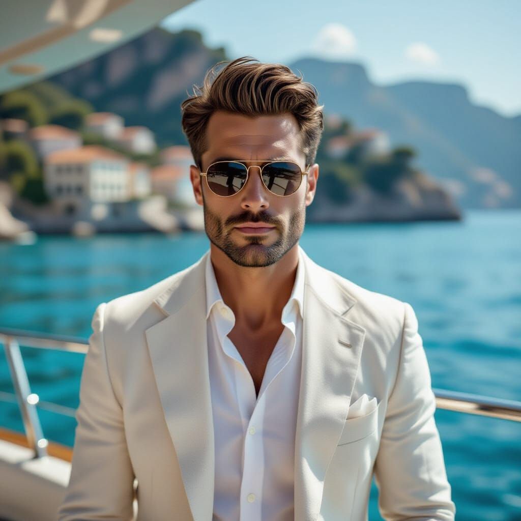 Man on Yacht at Sunset in Photorealistic Style