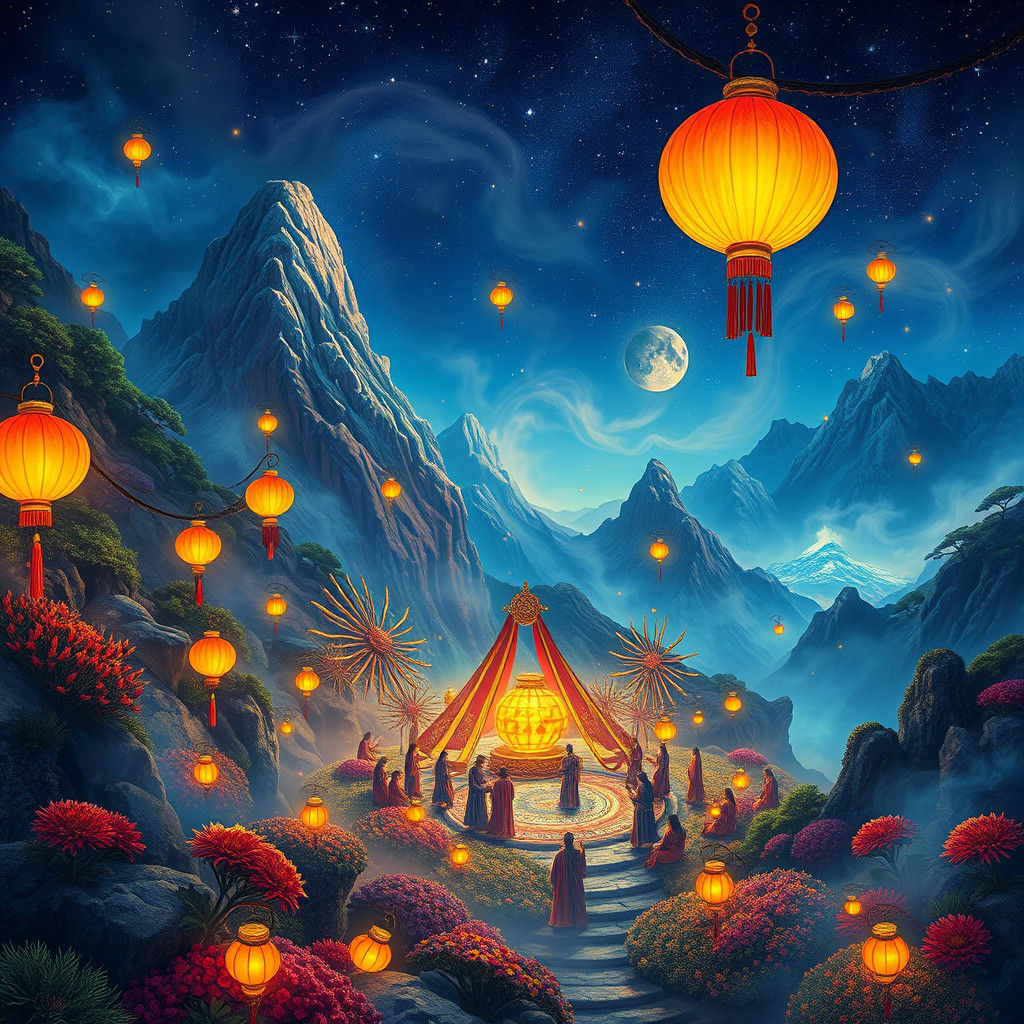 Mystical Mountainside Tea Ceremony Under Starry Sky