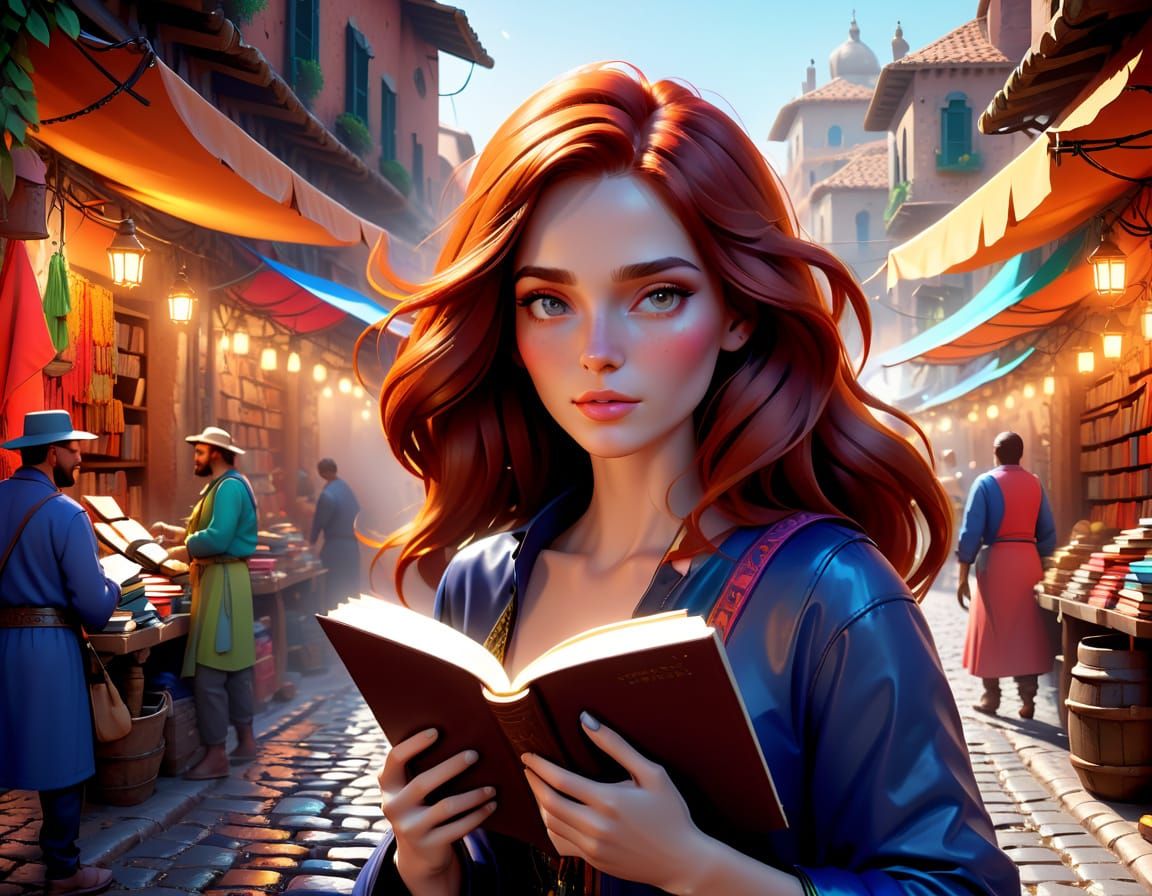 Mysterious Woman with Book in Vibrant Marketplace