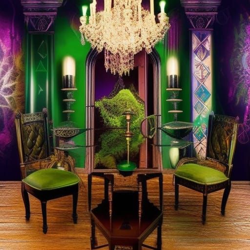 Alchemy Gothic living room with iridescent green gothic Chandelier& alchemy posters& gothic posters& Black lights& Emera...