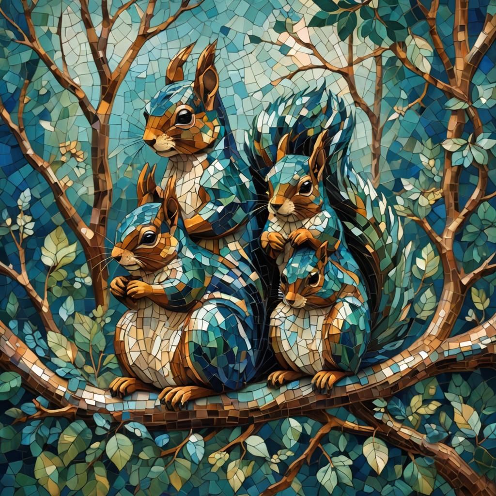 Norwegian Squirrel Family Mosaic Art Portrait