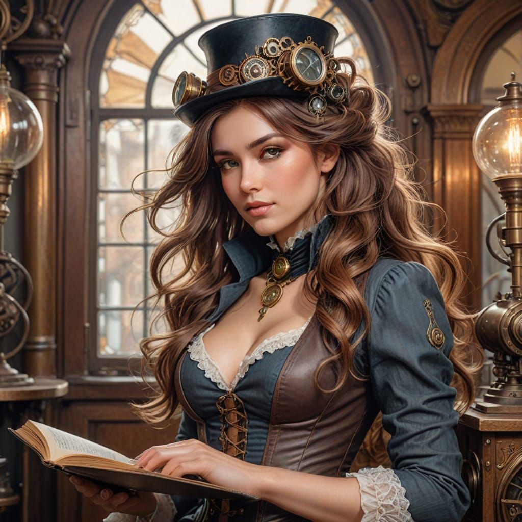 Steampunk Lady Reading in Victorian Setting