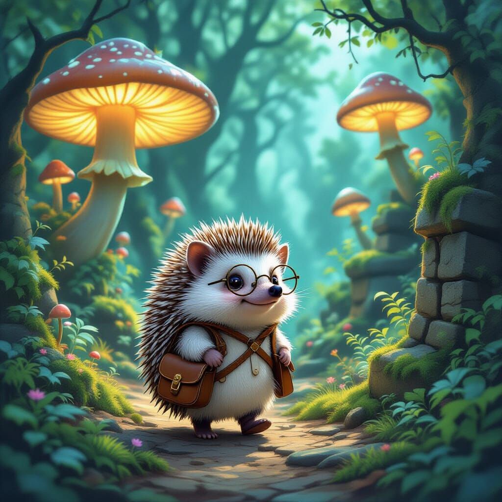 Wise Hedgehog Explorer in Mystical Glowing Forest
