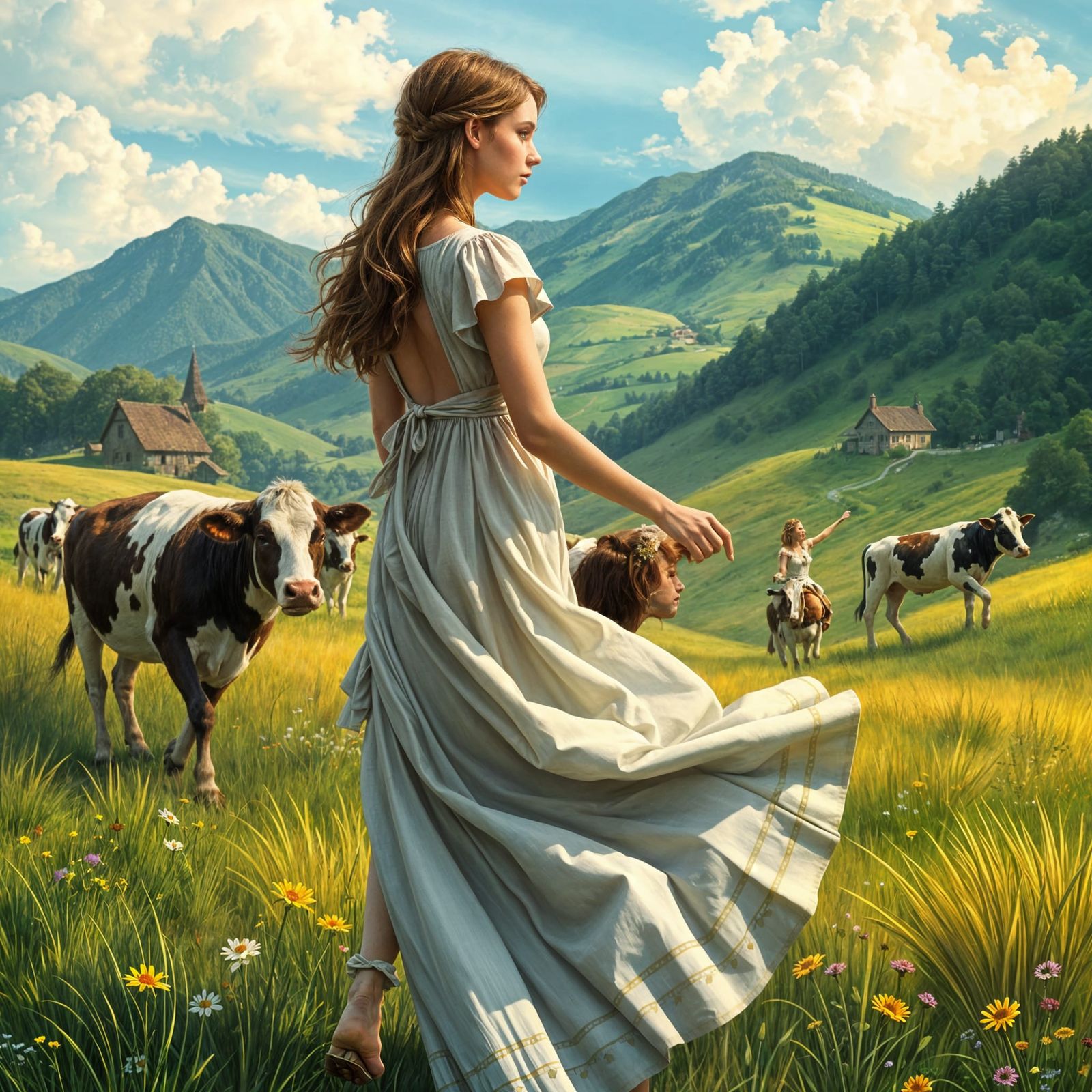 Enchanting Female Cowherd in a Dreamy Meadow