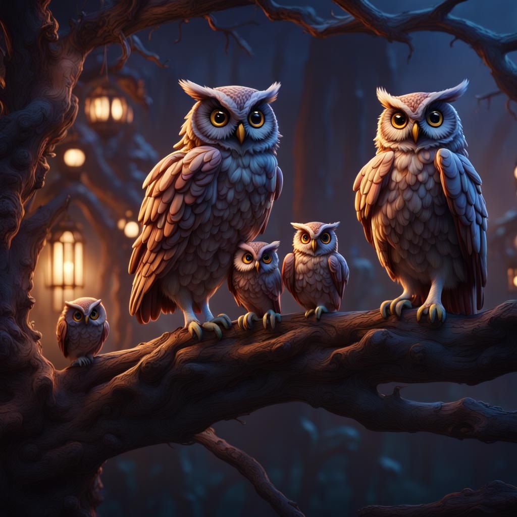Fantastical Owl Family at Night: Detailed Matte Painting