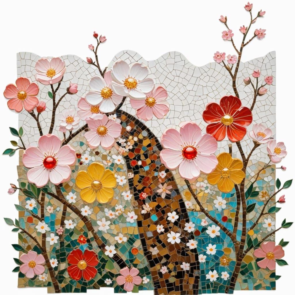 Cherry Blossoms on Riverside Path in Klimt Mosaic Style