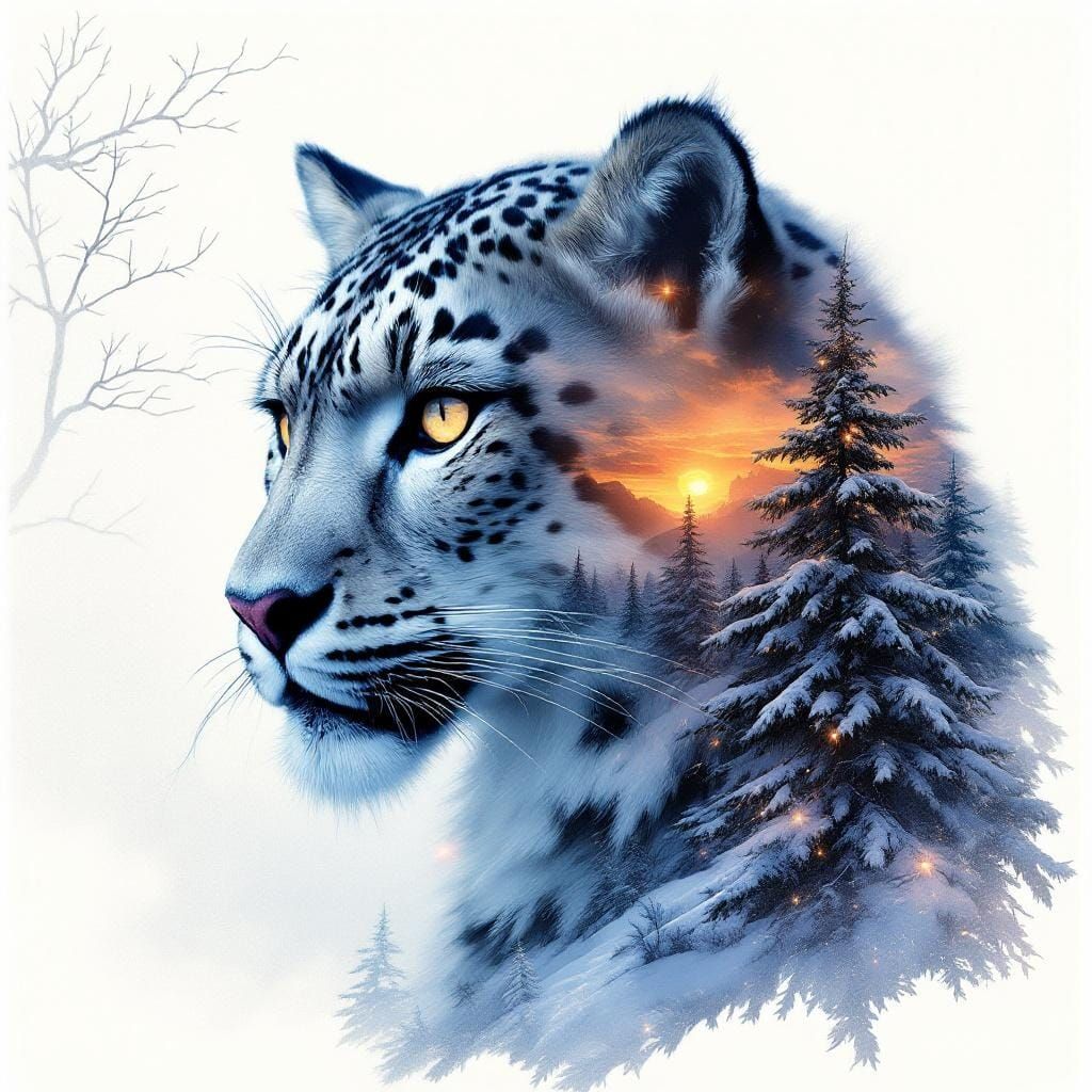 Fantasy Snow Leopard Double Exposure in Frazetta Style