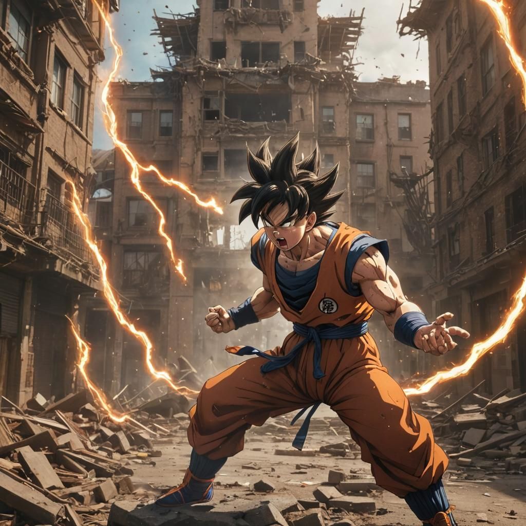 Goku's Kamehameha in Ruined City, Manga Anime Style