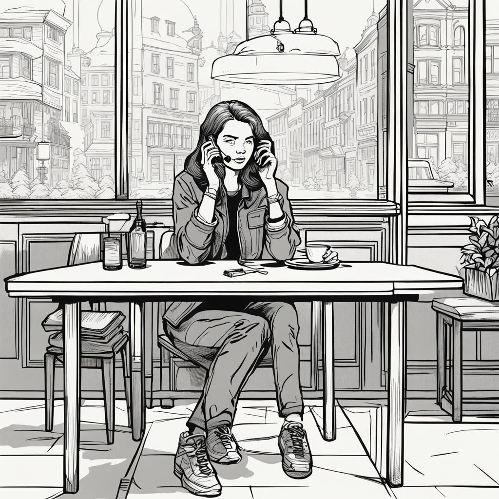 Woman on Cell Phone: Detailed Line Art Illustration
