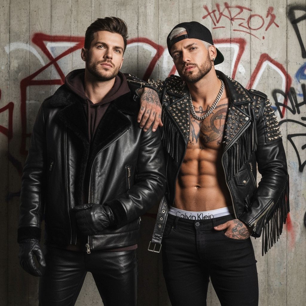 Men in Leather Jackets in Front of Graffiti Wall