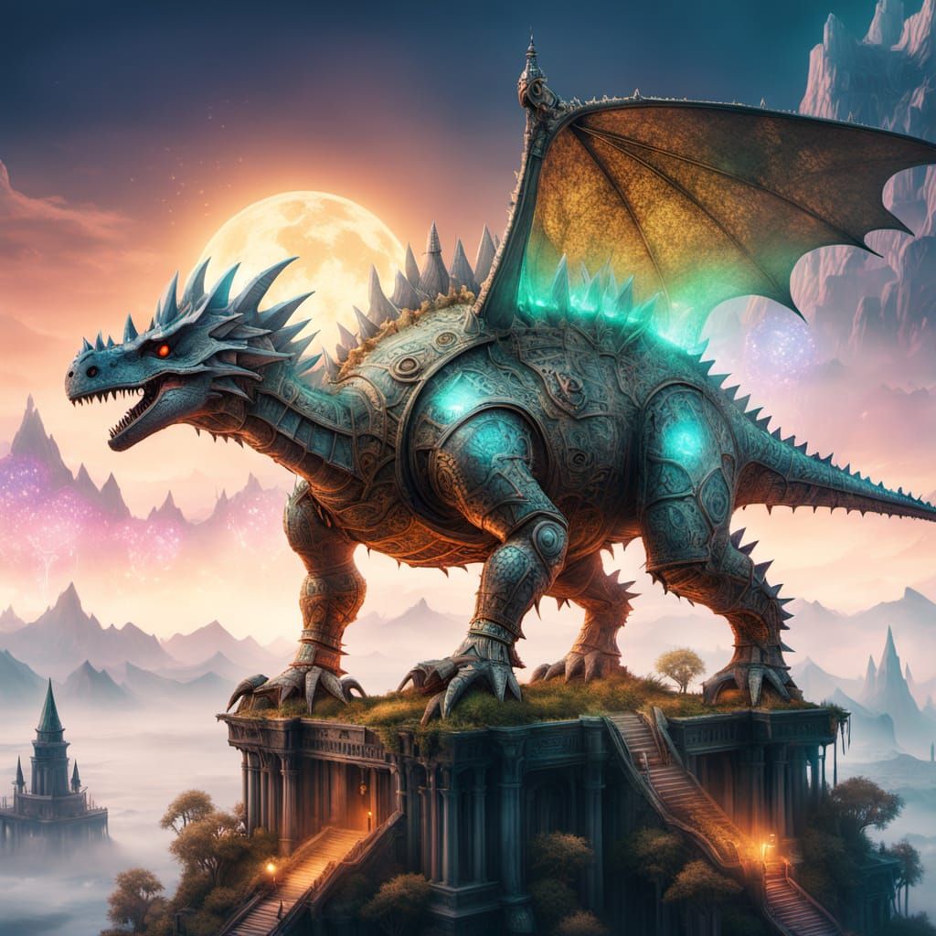 Stegosaurus Automaton Guards Ruined City in Ethereal Fantasy...