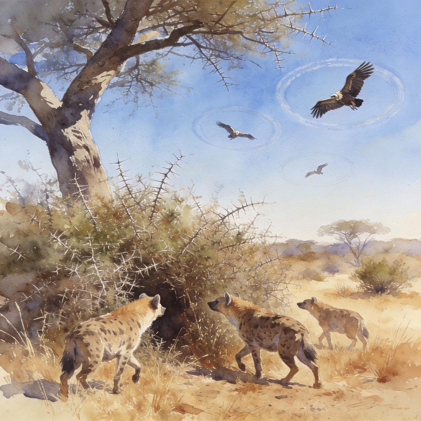 Hyenas Hunt Under Acacia Tree With Soaring Vultures