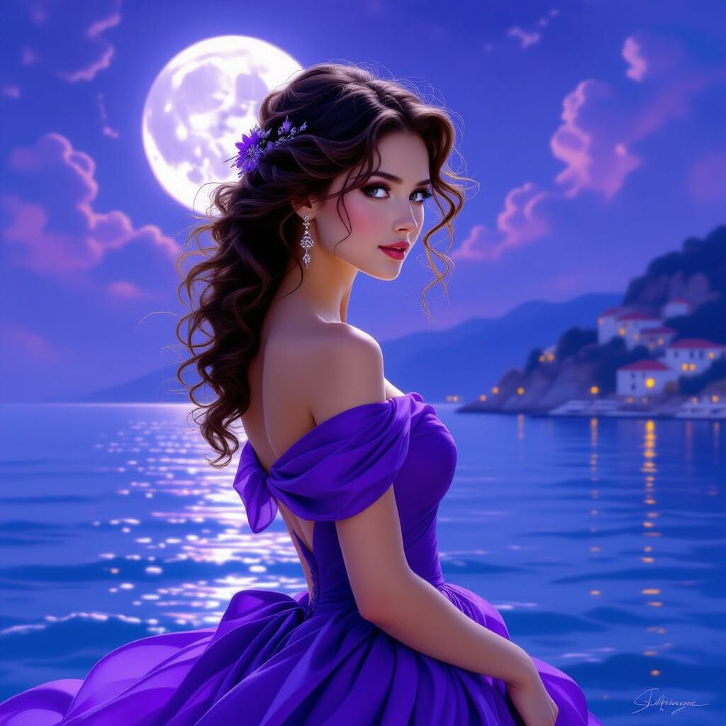 Elegant Woman in Violet Gown, Romanticism Oil Painting