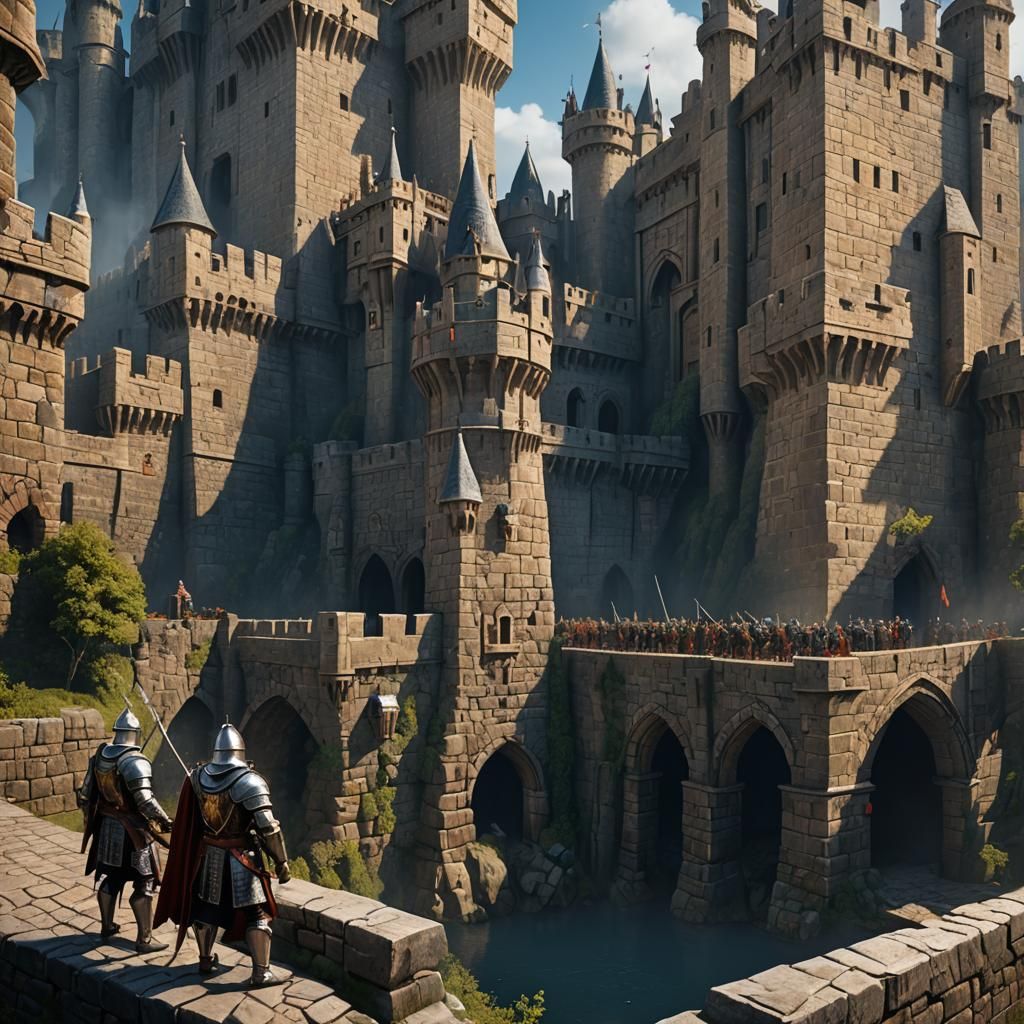 Knights Guarding Castle Wall in Detailed Matte Painting