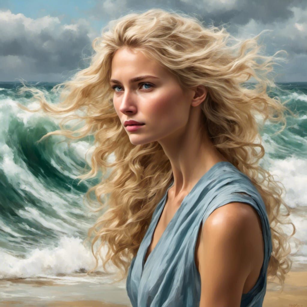 Blonde Woman on Beach with Waves, Easter Art
