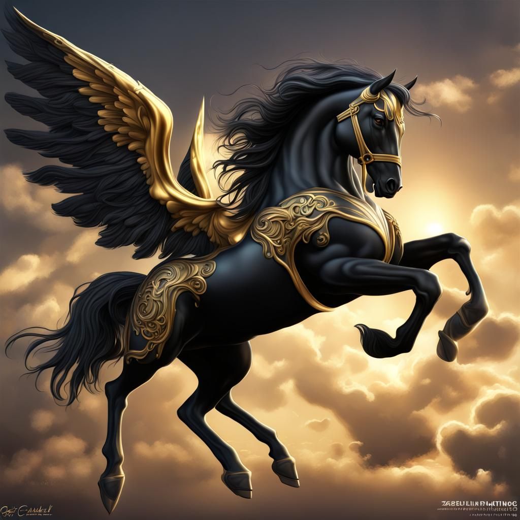 Gothic Airbrush: Golden Winged Horse in Flight