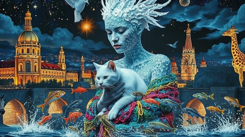 Ethereal Woman with Bird Head in Gaudí Cityscape