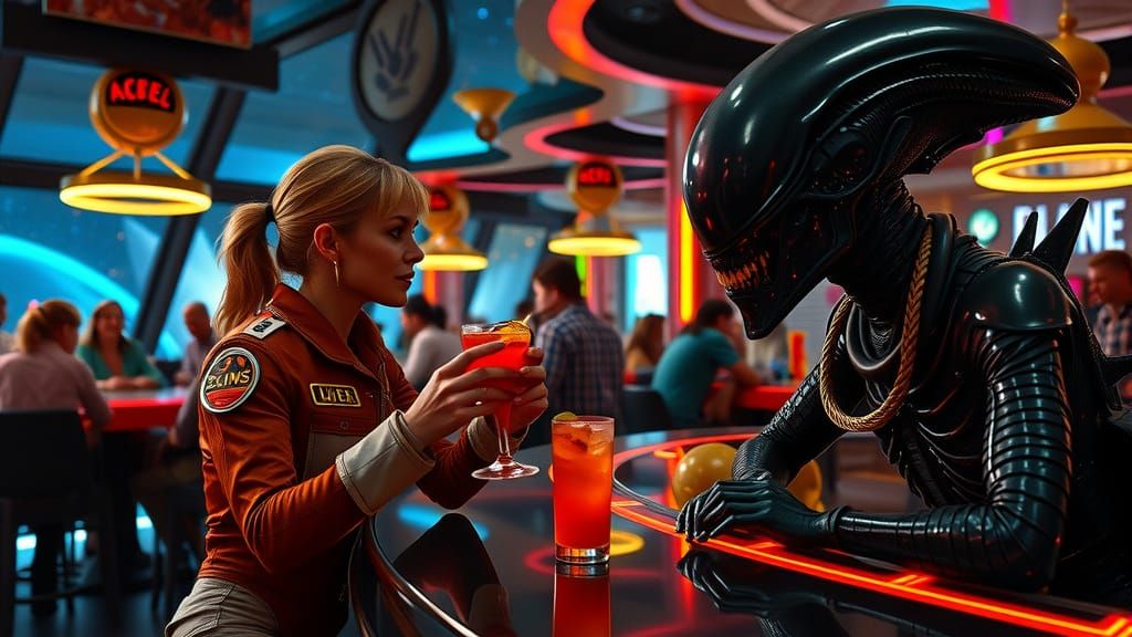Ripley and Alien Enjoying Cocktails in Space Bar