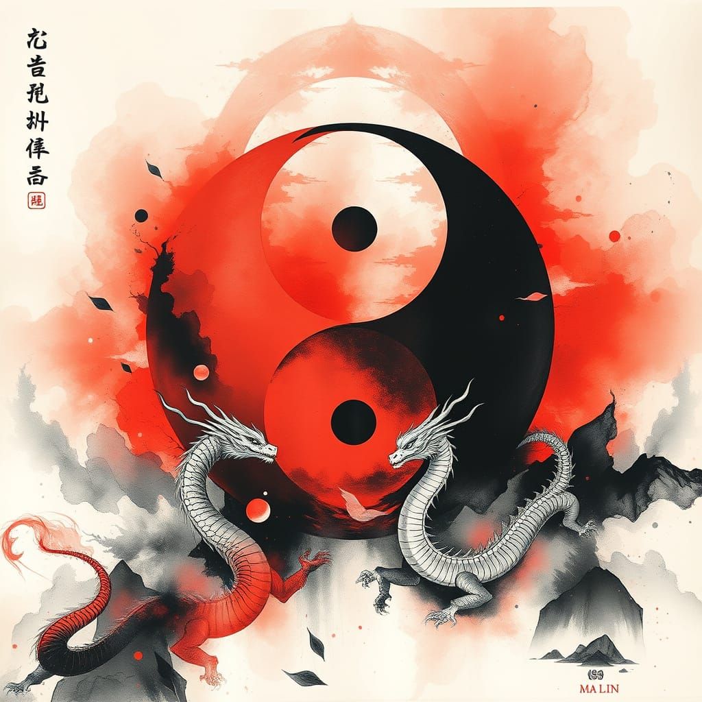 Surreal Asian ying yang symbol with dragon