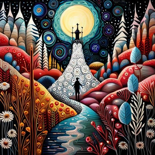 Fantasy Garden Mixed Media Painting with Abstract Patterns