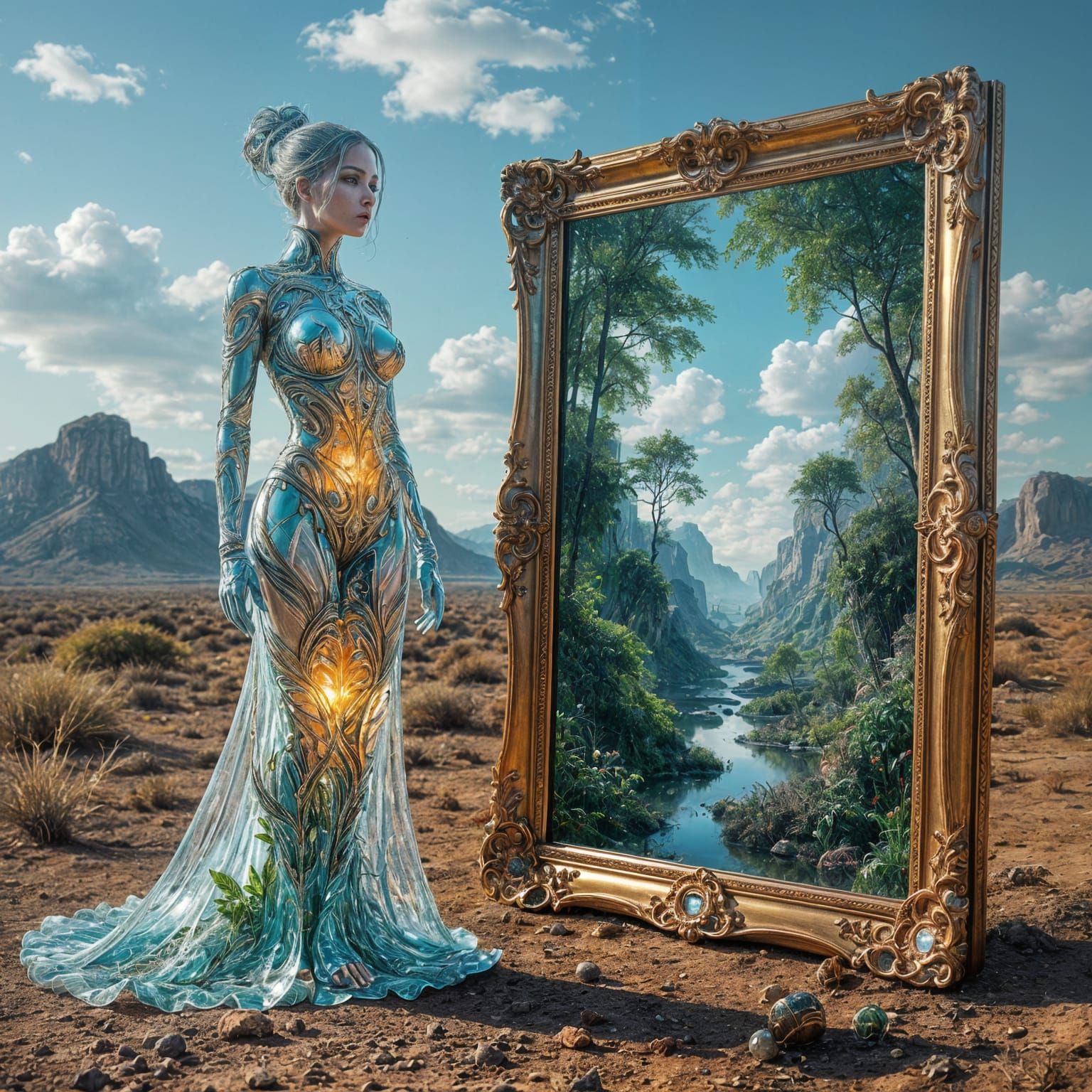Glass Woman with Ecosystems in Surreal Wasteland