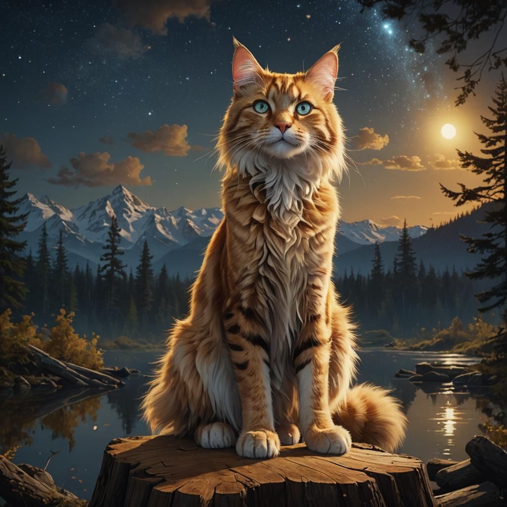 Golden Tabby Cat Gazing at Night Sky, Digital Art