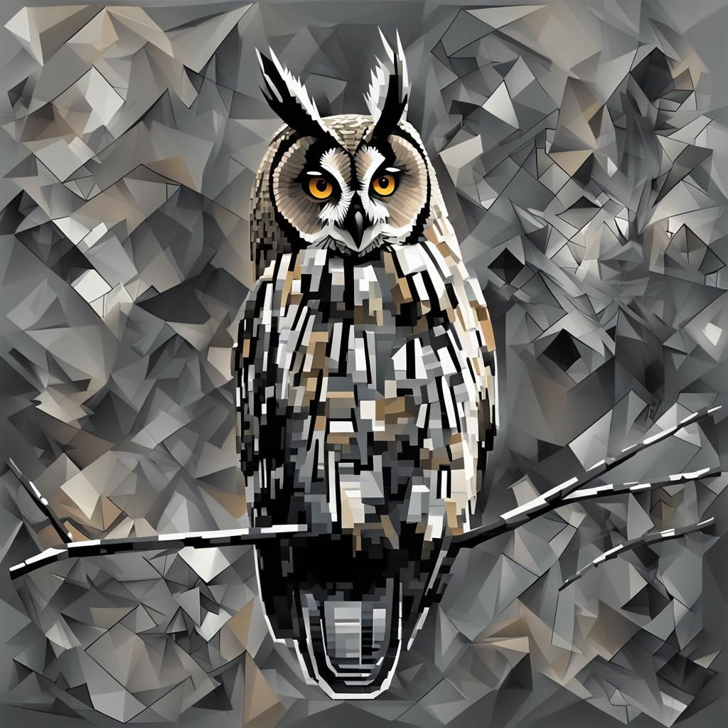 Highly Contrasted Long-Eared Owl in Pixel Art