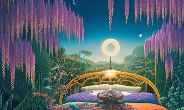 Bird-Woman in Surreal Wisteria Bed, Detailed Fairytale Art