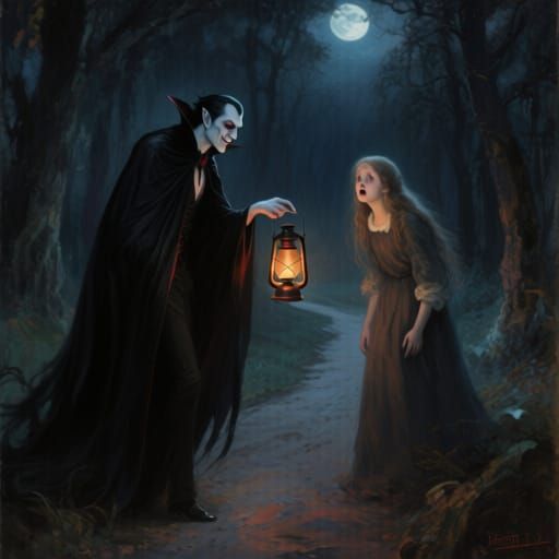 Gothic Vampire Guides Lost Maiden with Lantern in Moonlit Fo...