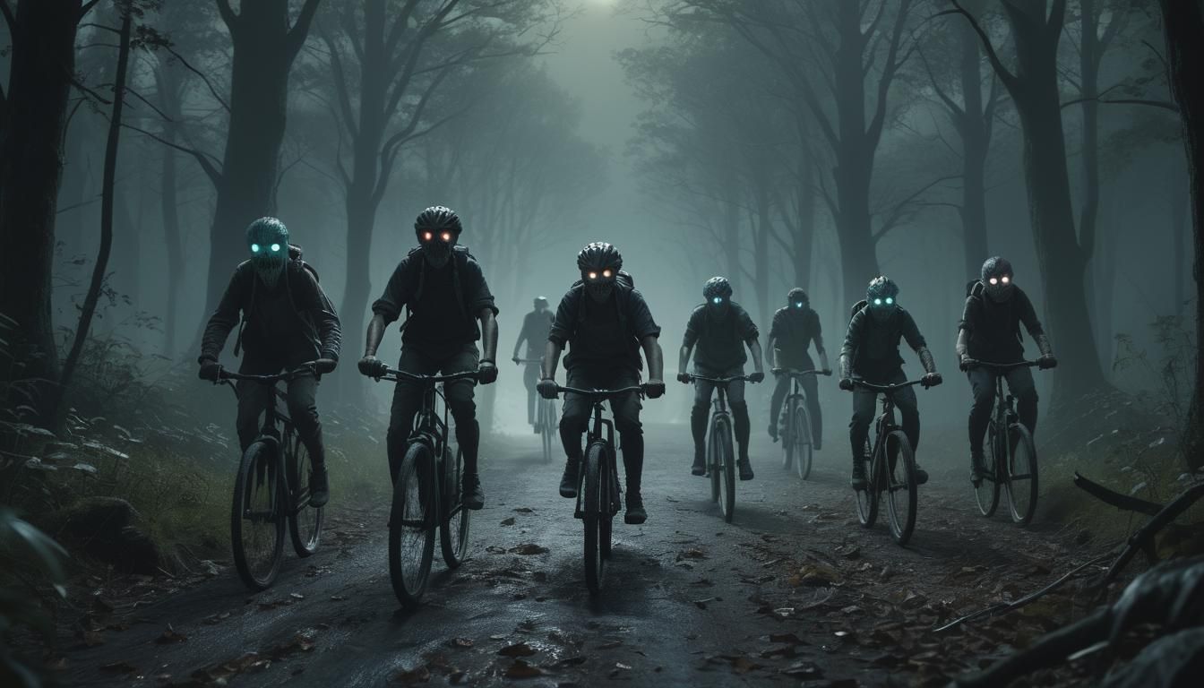 Kids Fleeing Monster in Dark Forest, Hyperrealistic Art