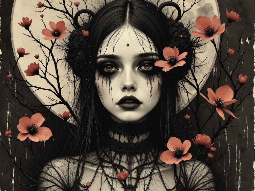 Ethereal Gothic Woman in Moonlit Sepia Tones