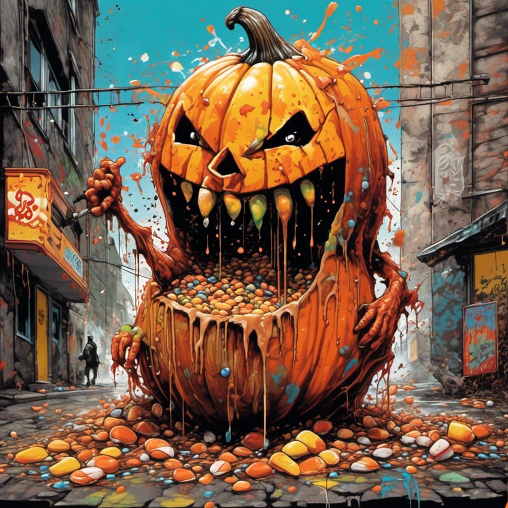 Giant Pumpkin Monster Eats Candy Corn in Graffiti Art