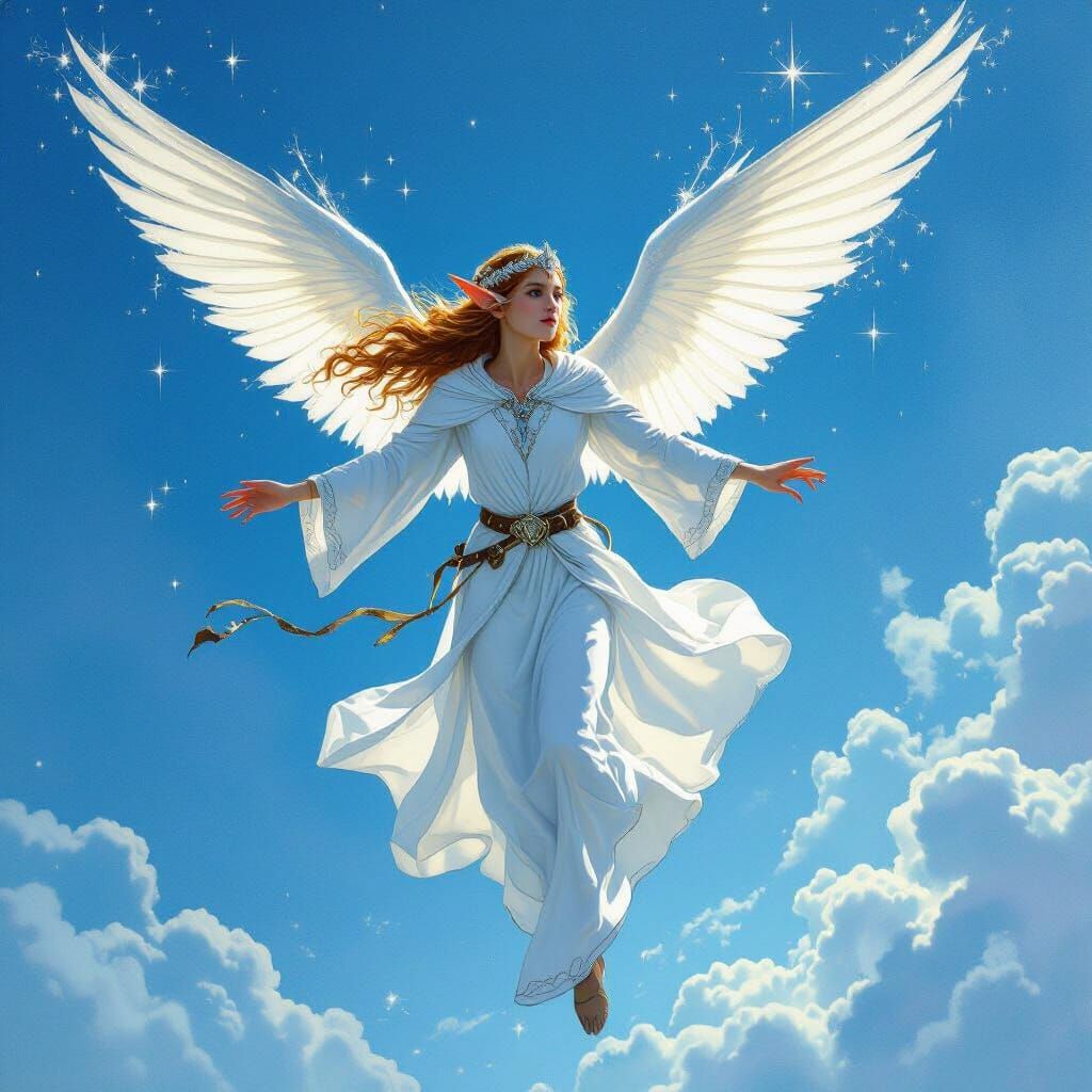 Elf Soaring Through Shimmering Sky in Fantasy Art Style