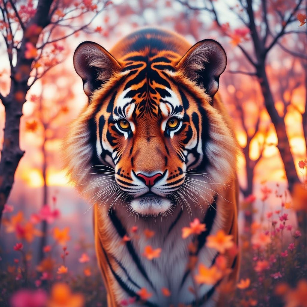 Tiger Gaze in Double Exposure Watercolor Landscape