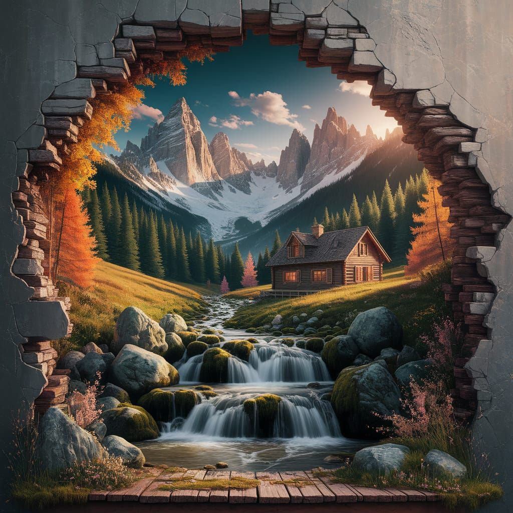 Surreal Mountain Vista Over Ancient Stone Wall