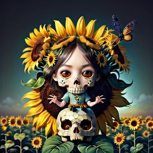 Adorable Chibi Sunflower Skull in 3D