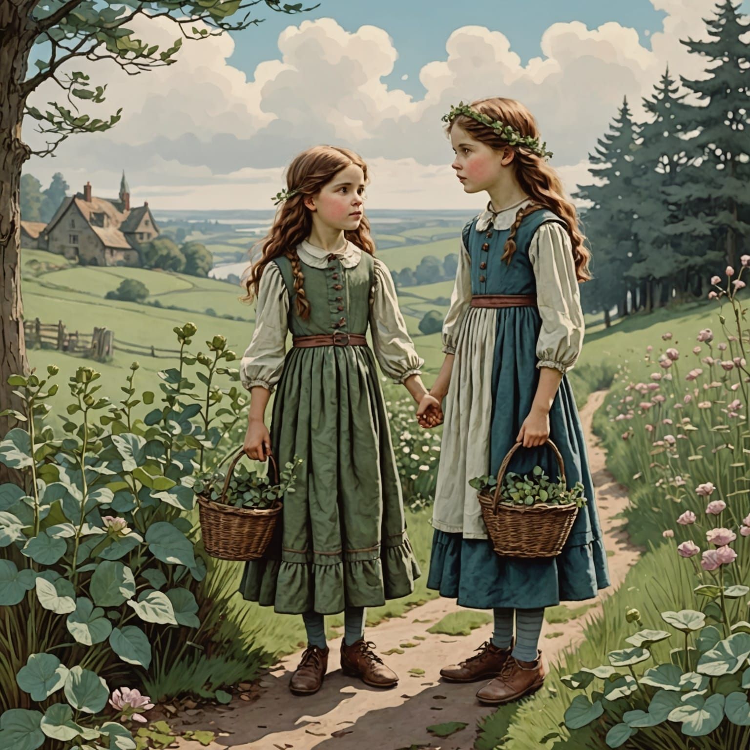 Sisters Gathering Herbs in Golden Age Illustration Style