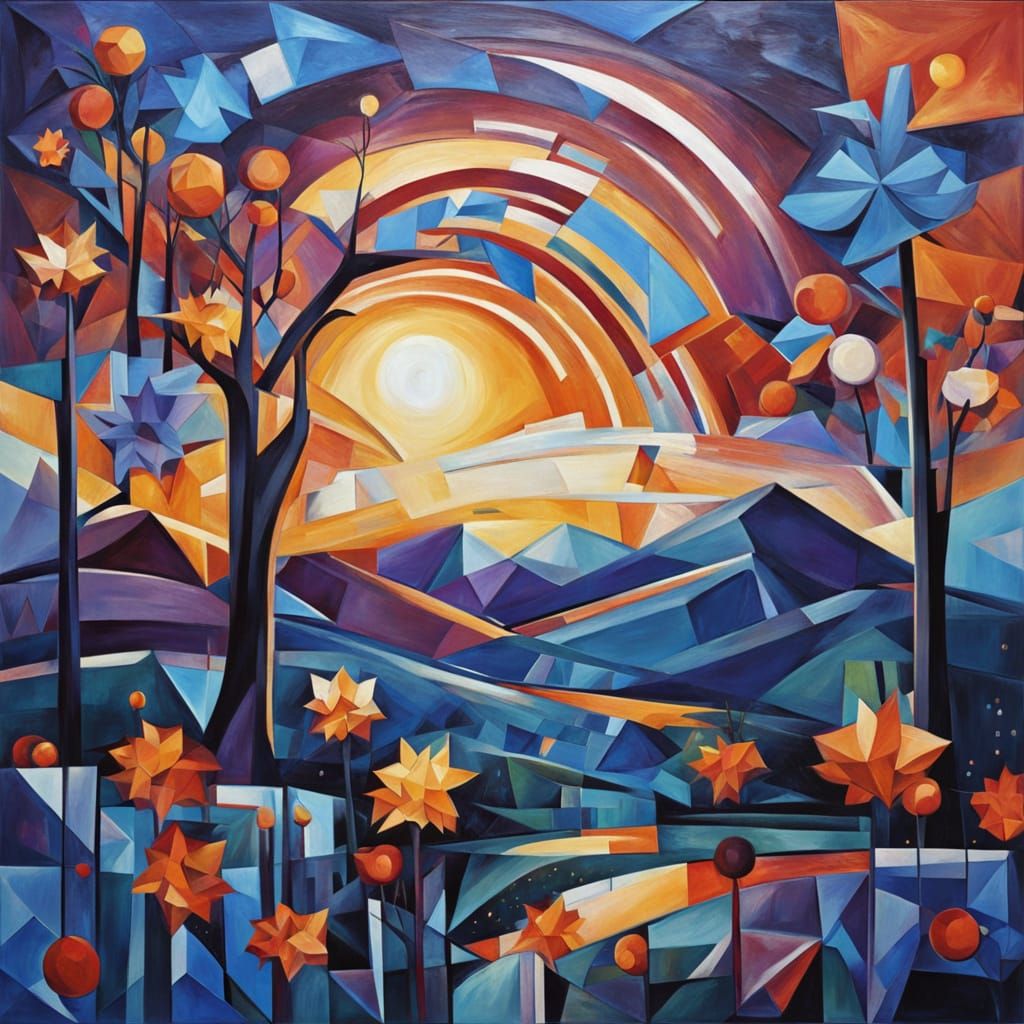 Cubist Celestial Garden With Shooting Star Flowers