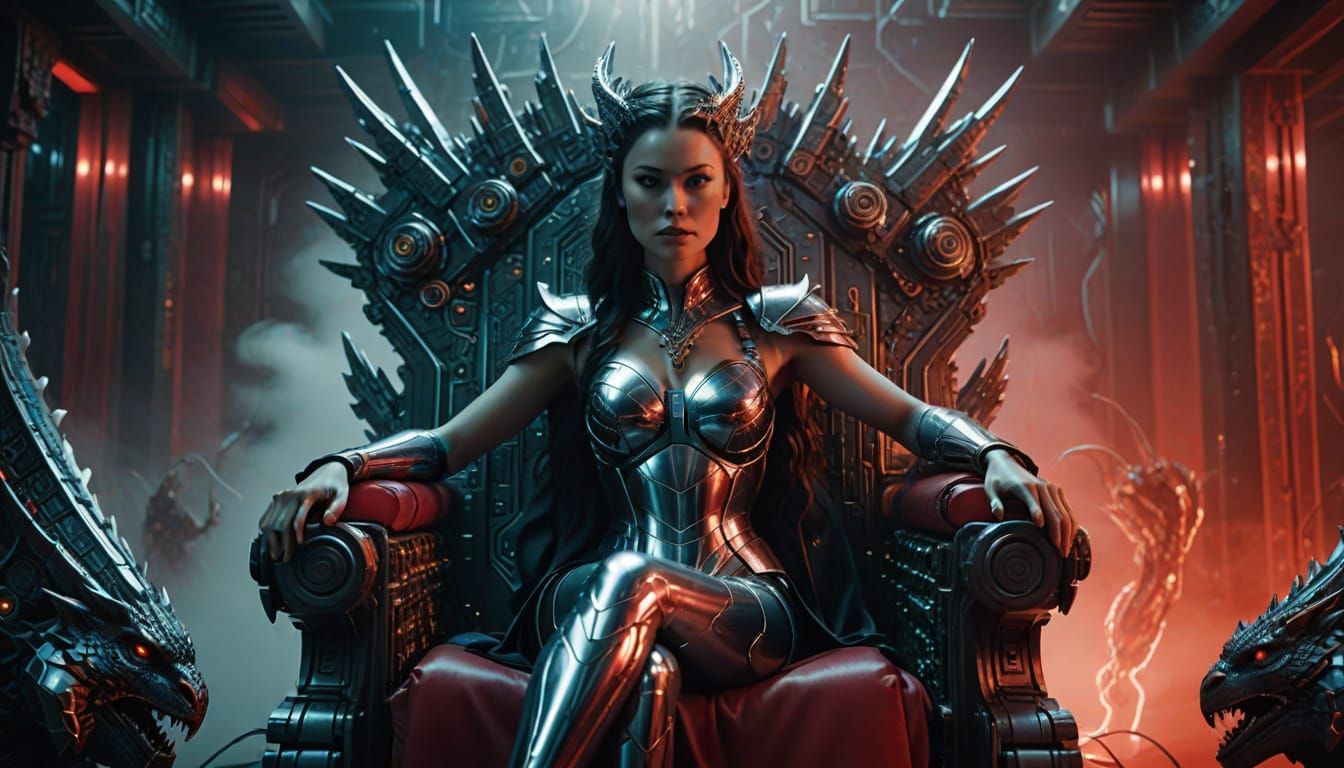 Chrome Superheroine on Circuit Board Throne