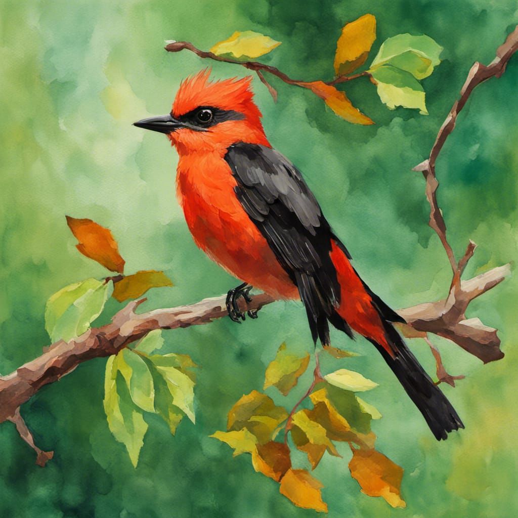 Vermilion Flycatcher in Gouache Watercolor Style