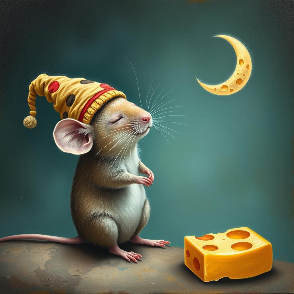Mouse Dreams of Cheese Moon: Photorealistic Oil Painting