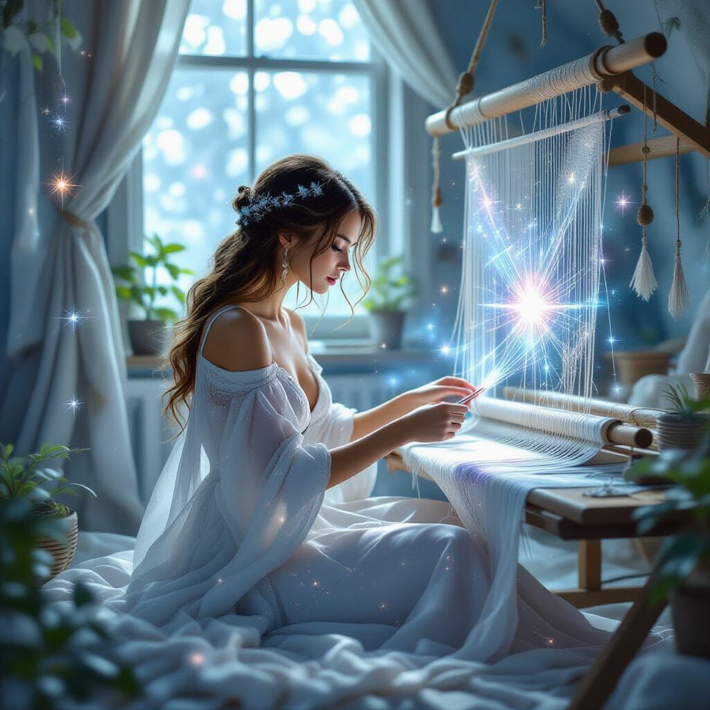 Goddess Weaving Starlight Tapestries in Hyperrealism Style