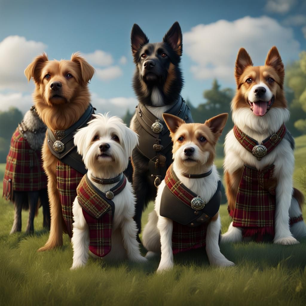 Dogs in Kilts: Grassy Field Fantasy Art