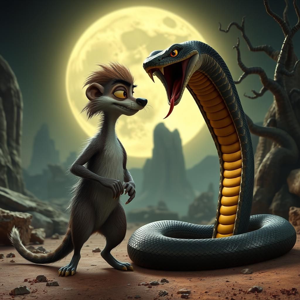 Mongoose vs Cobra in Moonlit Desert, 3D Rendered