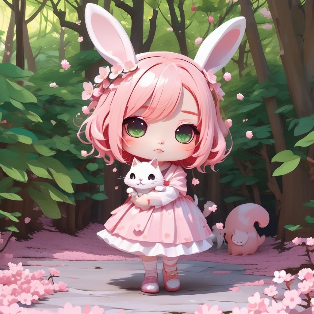 Chibi Girl with Cat in Cherry Blossom Forest