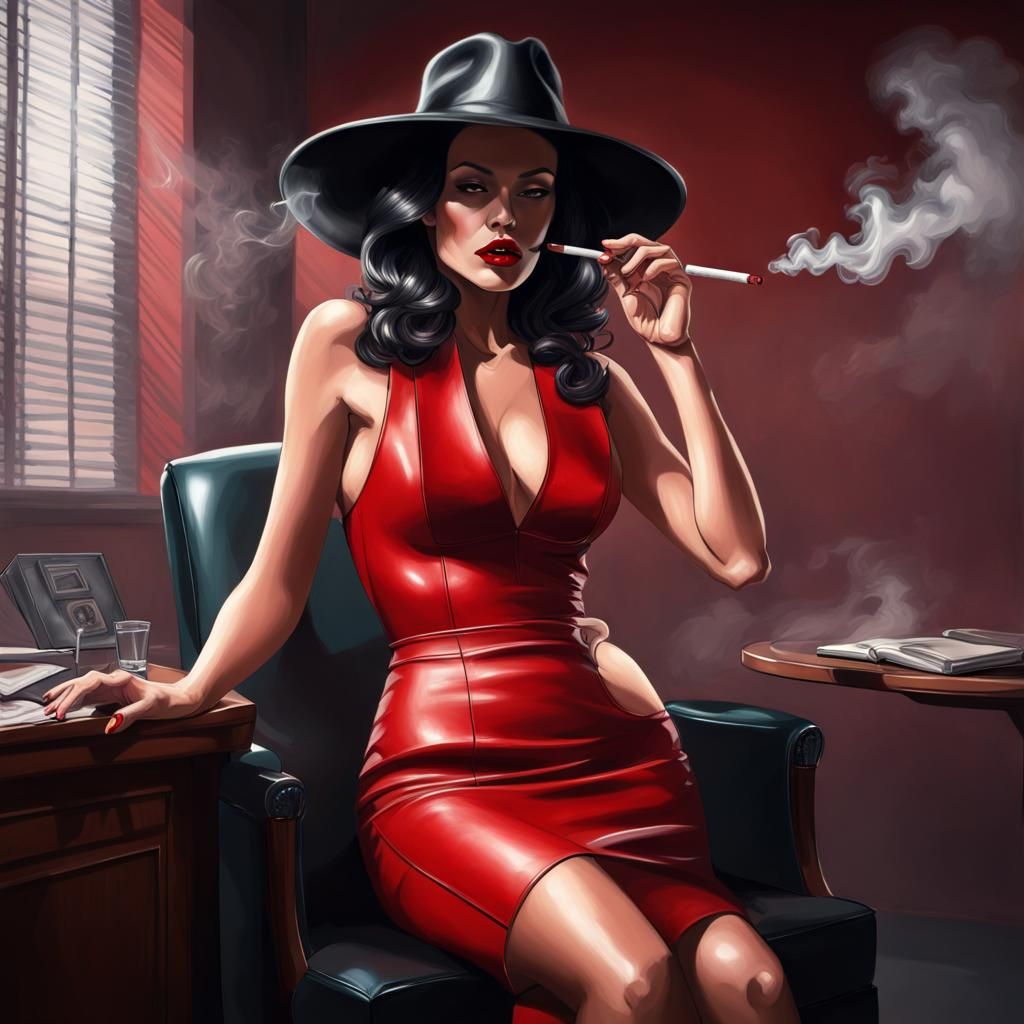Noir Femme Fatale in Red Leather: Hyperrealistic Splash Art