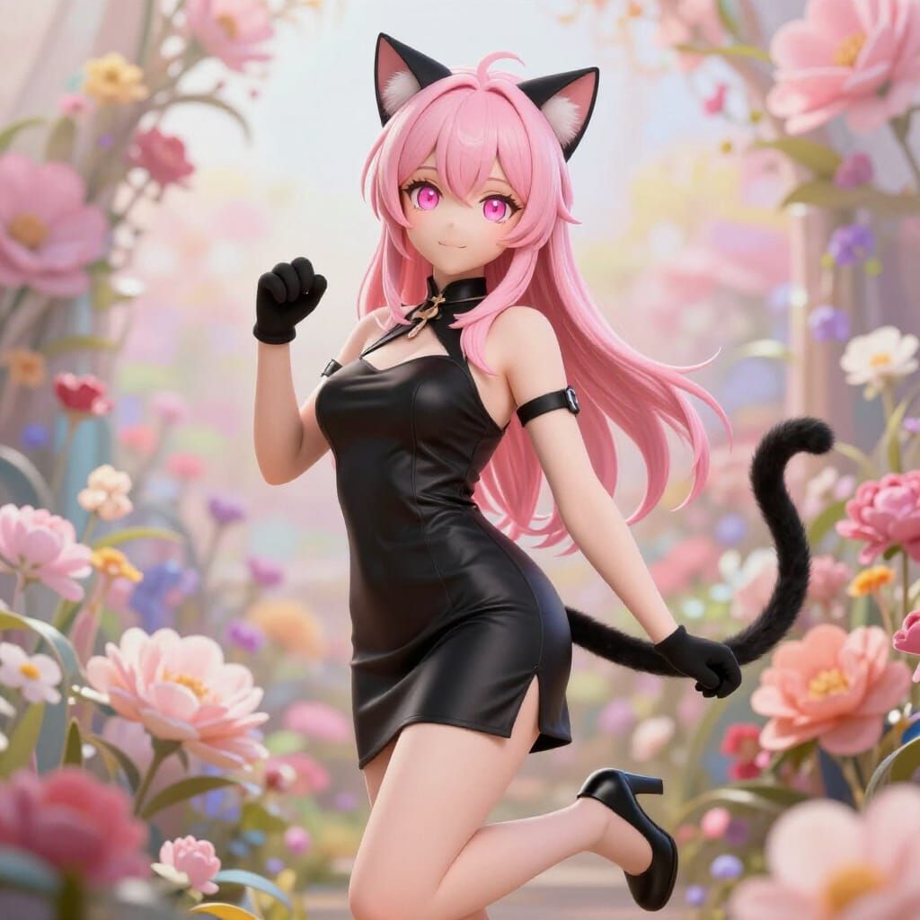 Pink Catgirl in Black Dress Amidst Flowers